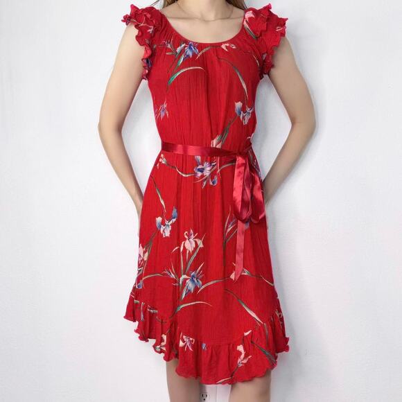 Vintage  McInerny Made In Hawaii Red Floral Sun Dress Ruffle Summer Belt Size XS - Picture 1 of 8